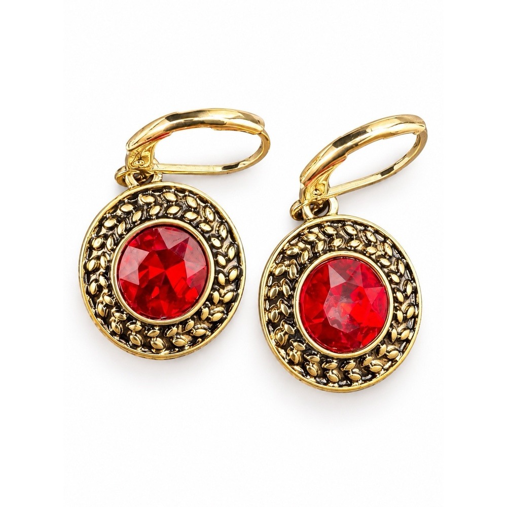 Gold Tone Red Oval Stone Drop Earrings Textured Border Leverback Vintage Style
